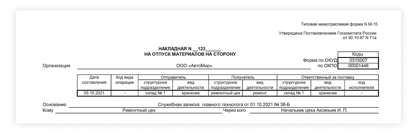 Накладная на отпуск материалов на сторону по форме М-15