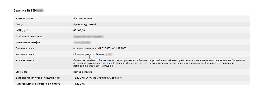 Информация по тендеру